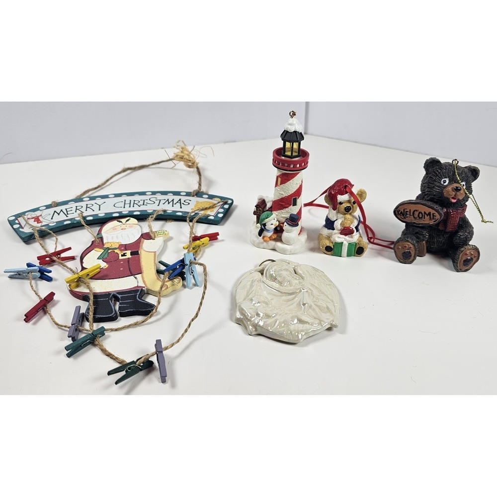 Vintage Christmas Ornament Lot Bear Lighthouse Wood Santa Card 5 Pc
